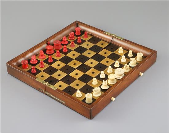 A Jaques & Son In Statu Quo mahogany and boxwood travelling chess set,